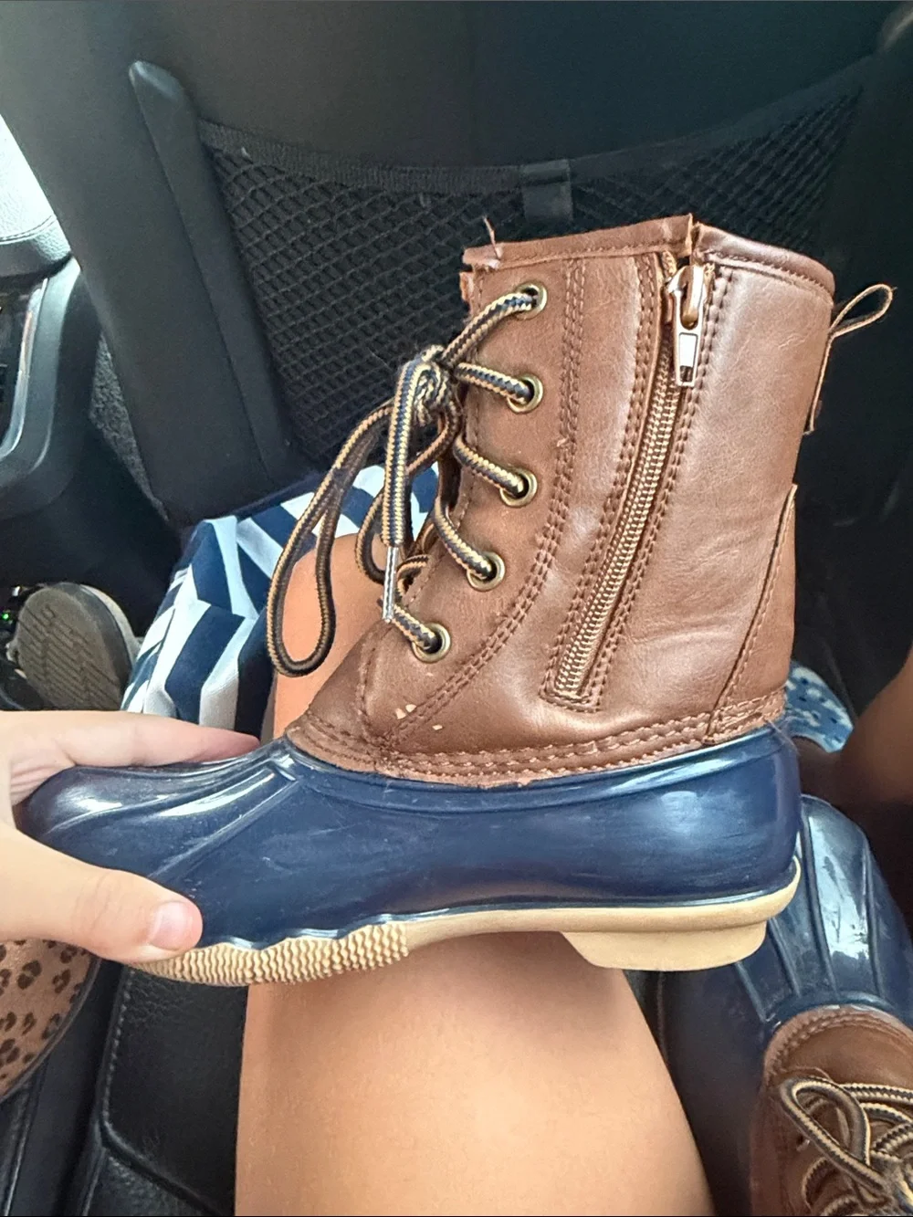 Kids Brown and Navy Winter Duck Boots with Side Zip